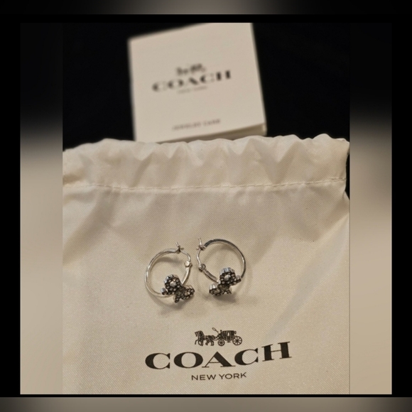 Coach Sparkling Crystal Silver Bow Huggie Hoop Earrings - EUC - Picture 2 of 8